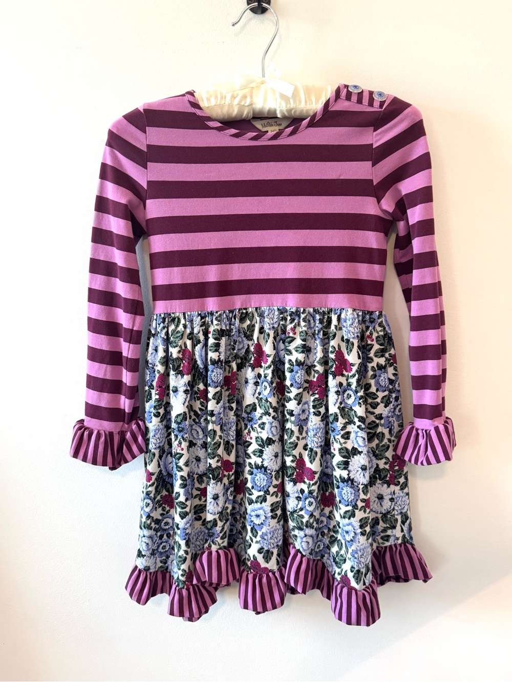 Matilda Jane Wise One Dress Purple Stripe Floral Ruffle Long Sleeve Knit Size 8